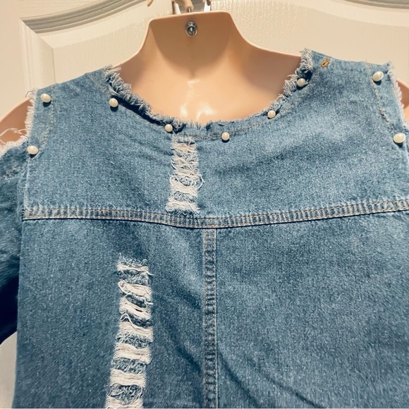 🌸3 for $30 Denim Mini Dress Size M details pearls embroidery distressed jeans - Picture 8 of 15